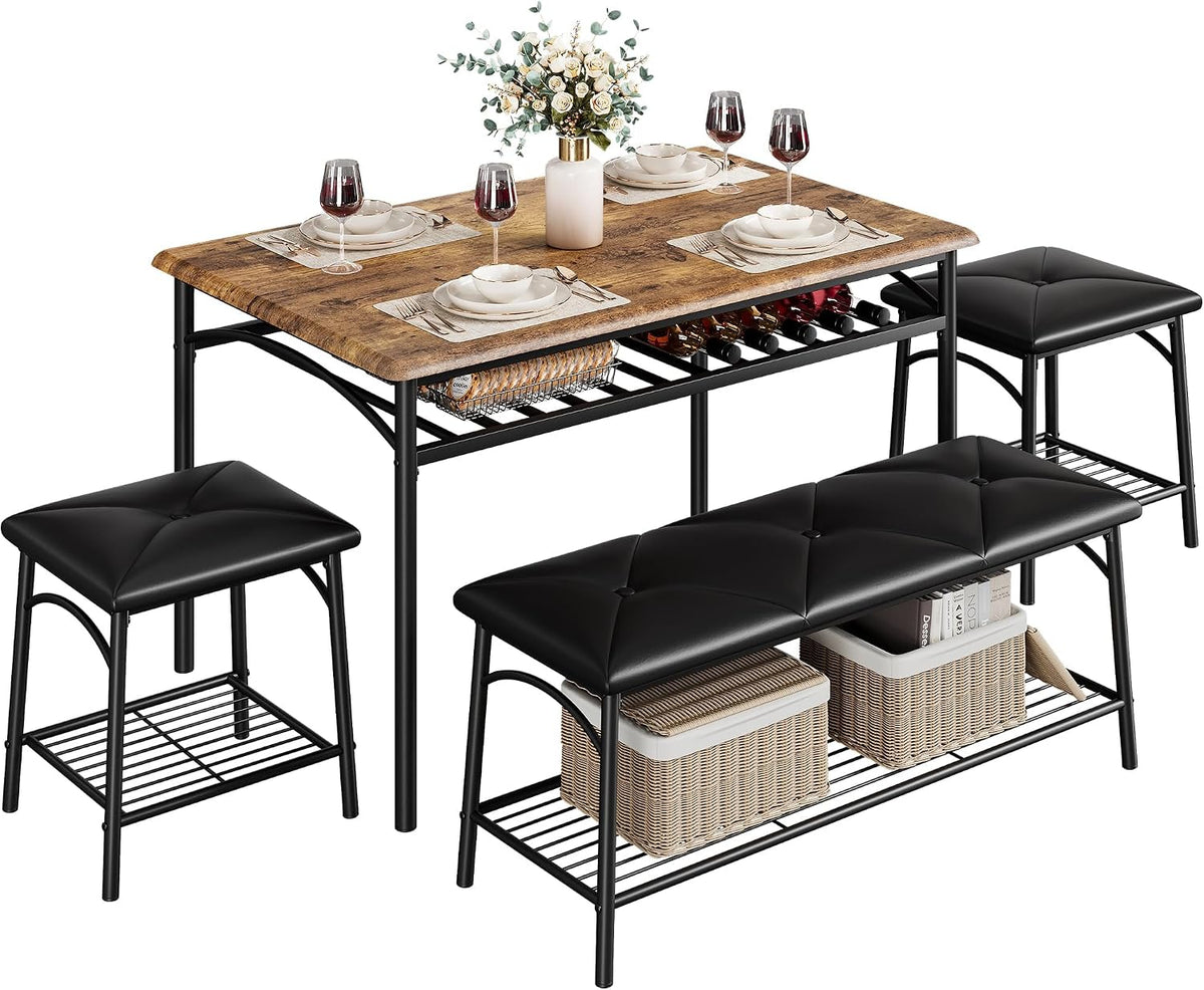 Set da pranzo Garvee, 4 posti, 2 sedie, 110 × 70 × 74 cm, 90 × 35 × 47,5 cm, legno, metallo, per sala da pranzo e cucina