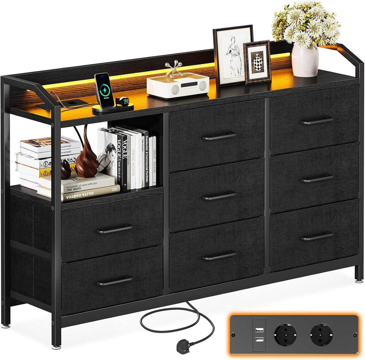 Cassettiera ODK, tessuto, pelle, Nero, regolabile, con porta USB, per camera da letto