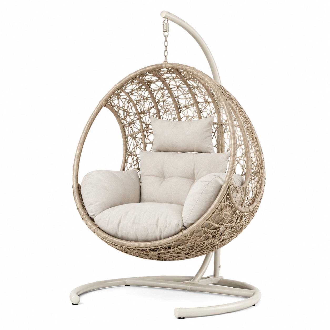 Sedia sospesa in rattan con cuscini in poliestere beige