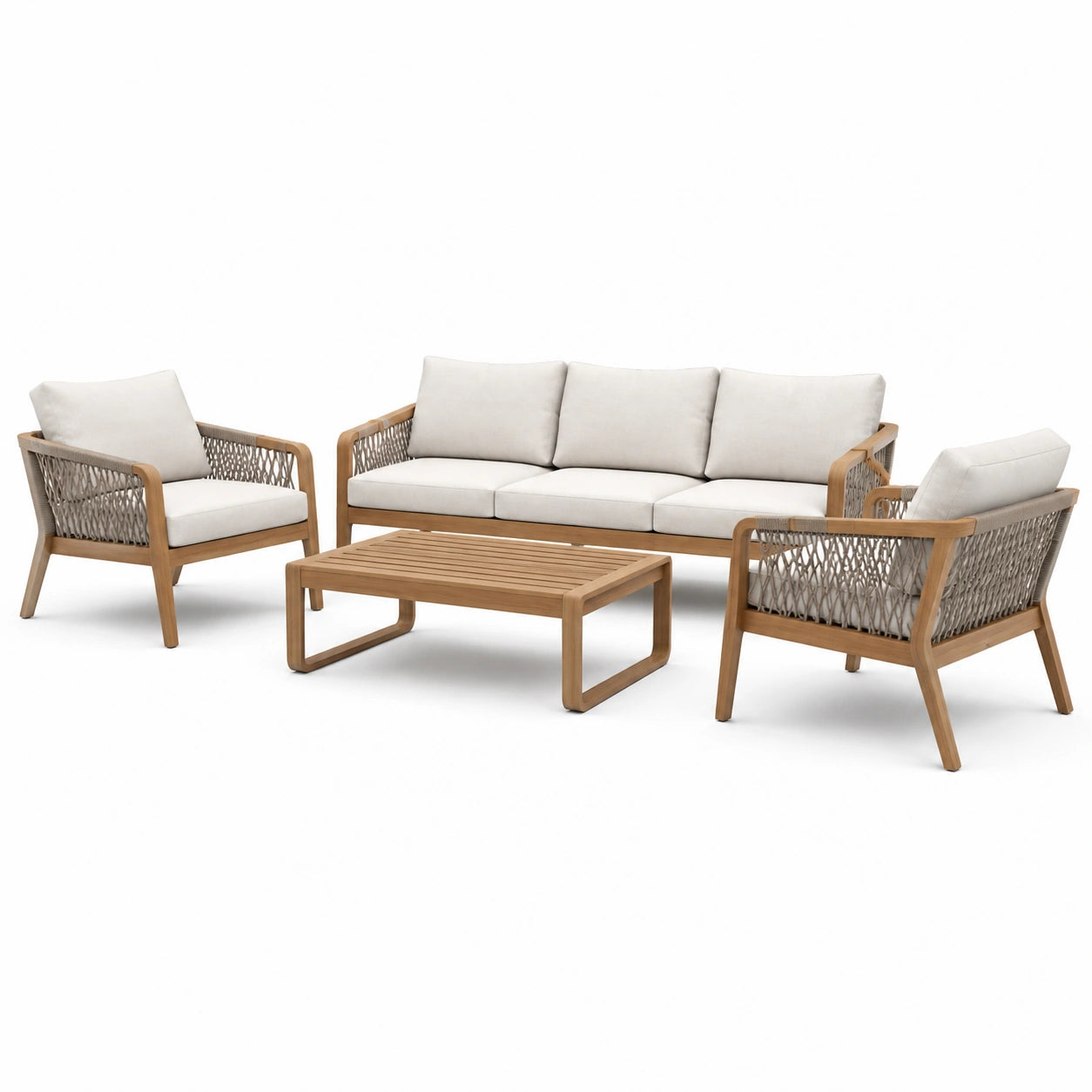 Set salotto giardino in legno e corda intrecciata con cuscini crema