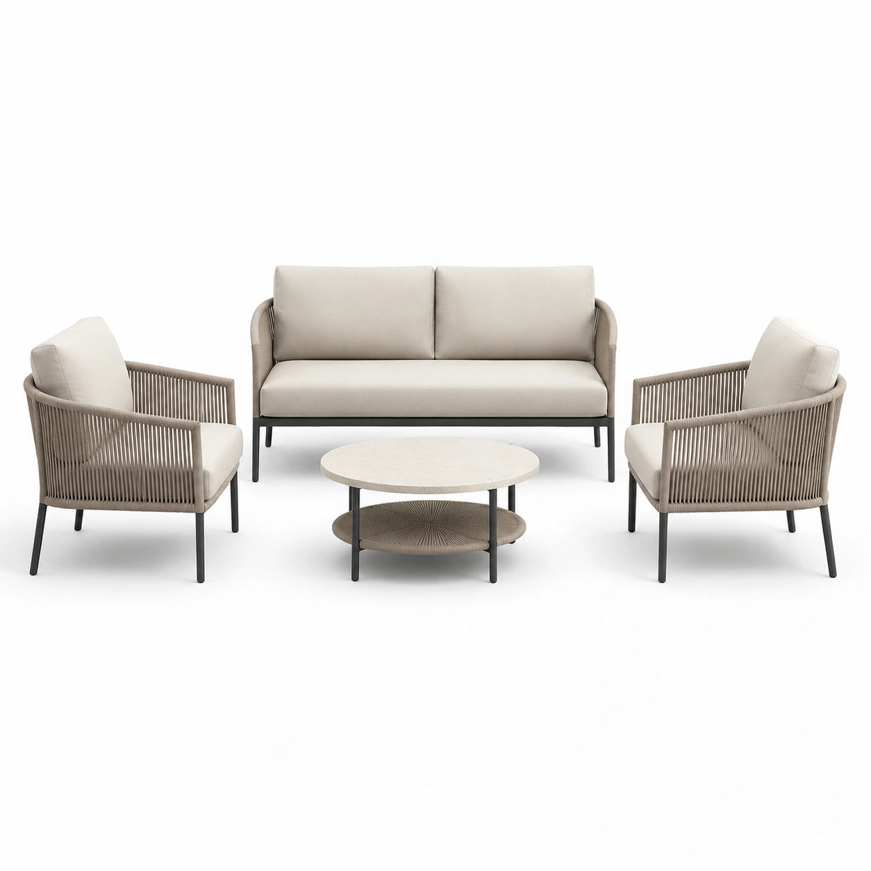Set da salotto in metallo e tessuto beige con divano e poltrone