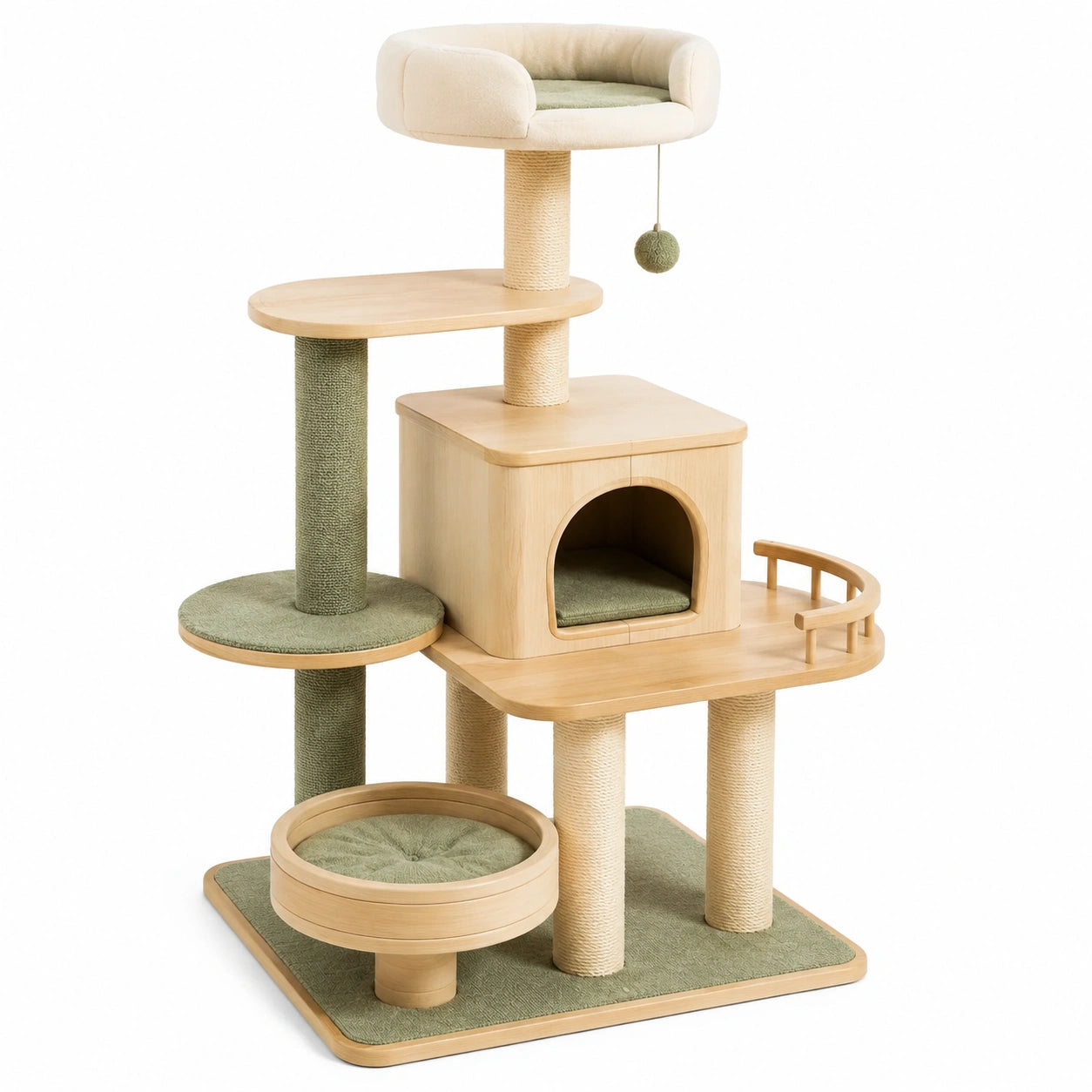 Albero Tiragraffi in Legno e Sisal per Gatti Beige e Verde
