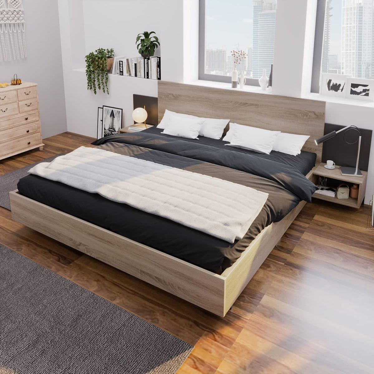 Letto KUAKE, matrimoniale, 160 × 200 cm, legno, Grigio scuro, con rete a doghe, per camera da letto