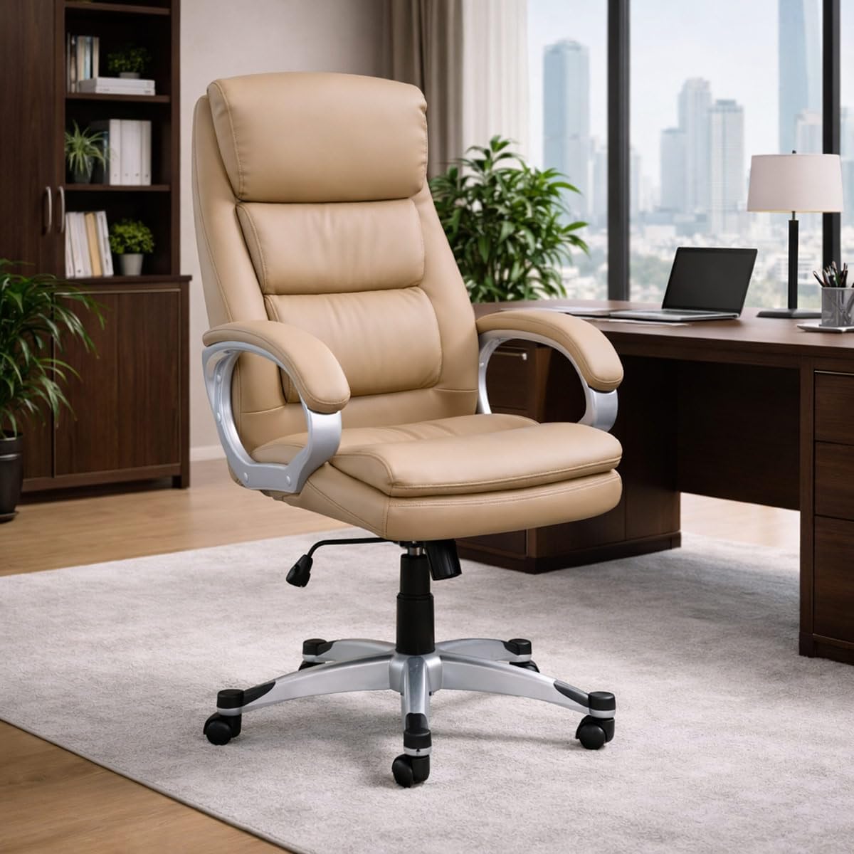 Sedia da ufficio Yellowshop, similpelle, Beige, con ruote, con braccioli, per ufficio
