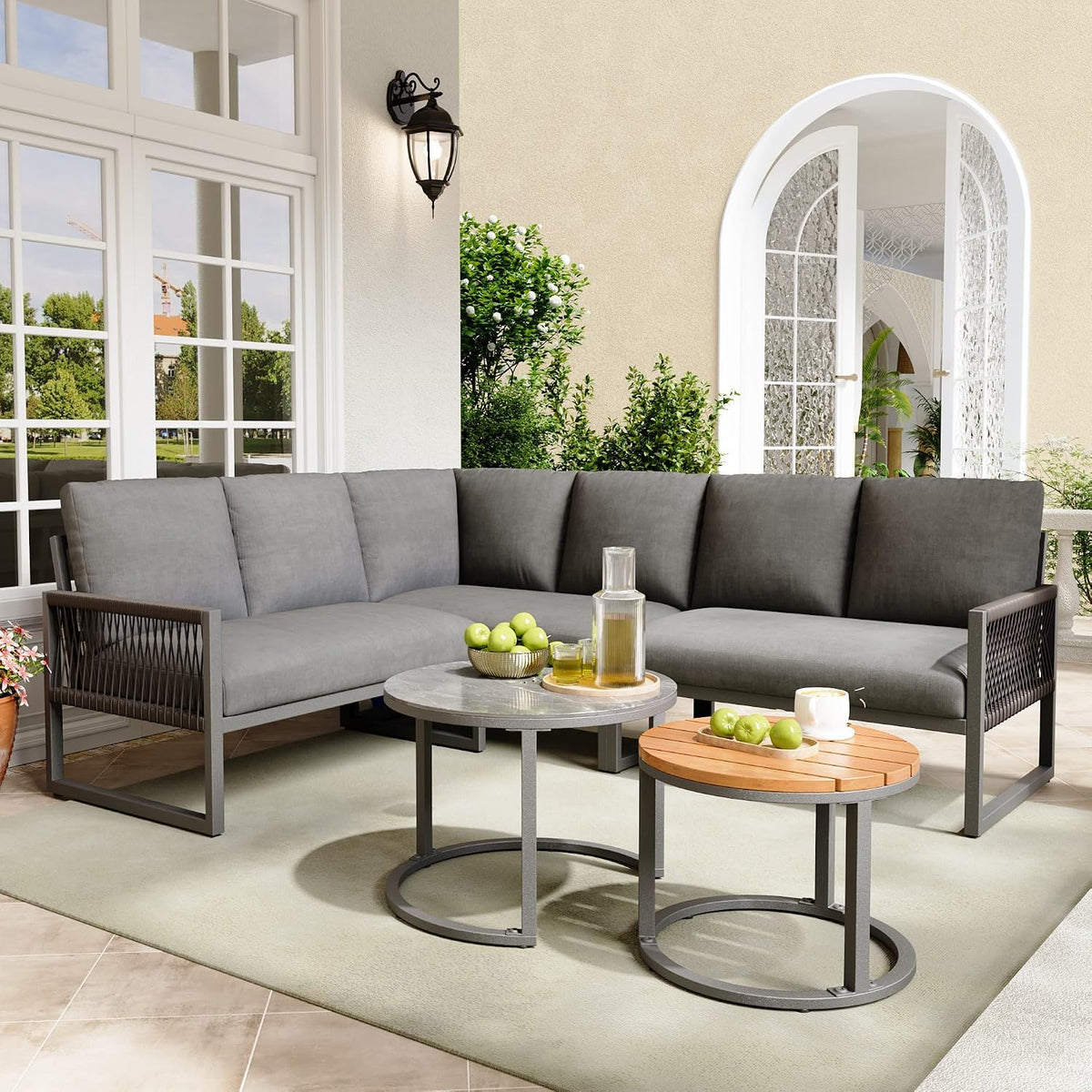 Set da pranzo da giardino KUAKE, 5 pezzi, 2 divani, 123 × 68 × 86 cm, 110 × 66 × 86 cm, regolabile, per giardino e terrazzo