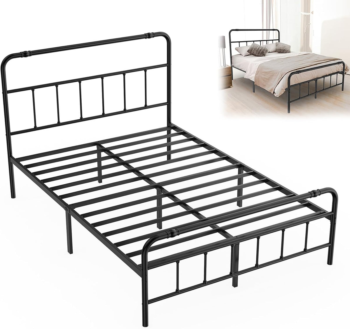 Struttura letto Aufun, matrimoniale, singolo, 140 × 200 cm, metallo, Nero, con rete a doghe, per camera da letto