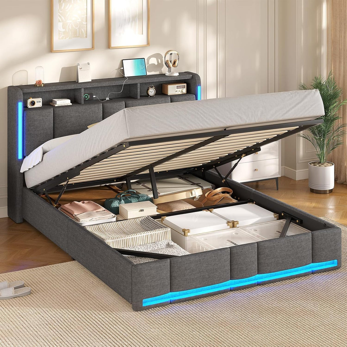 Letto contenitore AOGLLATI, matrimoniale, 160 × 200 cm, Grigio scuro, con contenitore, regolabile, con illuminazione LED, con porta USB, imbottito