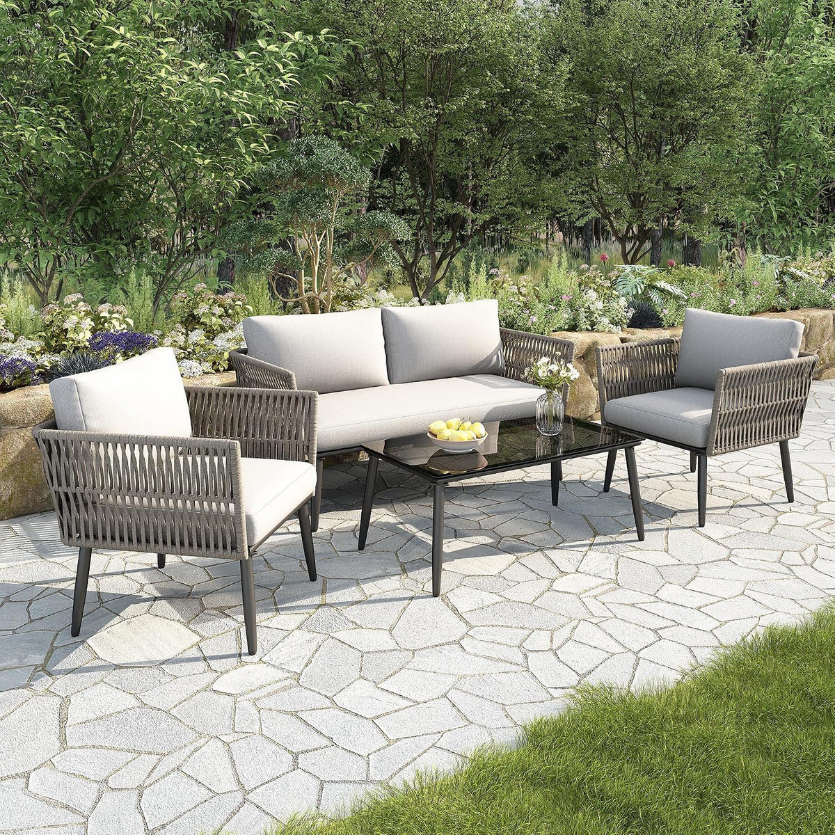 Set da pranzo da giardino Idemon, 2 posti, 2 poltrone, acciaio, vetro, Nero e grigio, per giardino e terrazzo