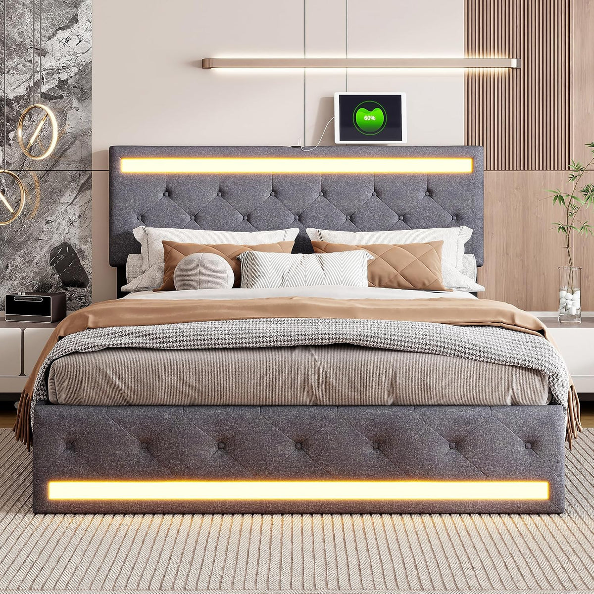 Letto KEFSR, 4 cassetti, 160 × 200 cm, misura 160 × 200, legno, lino, Grigio scuro, regolabile, con ruote, con illuminazione LED, con porta USB
