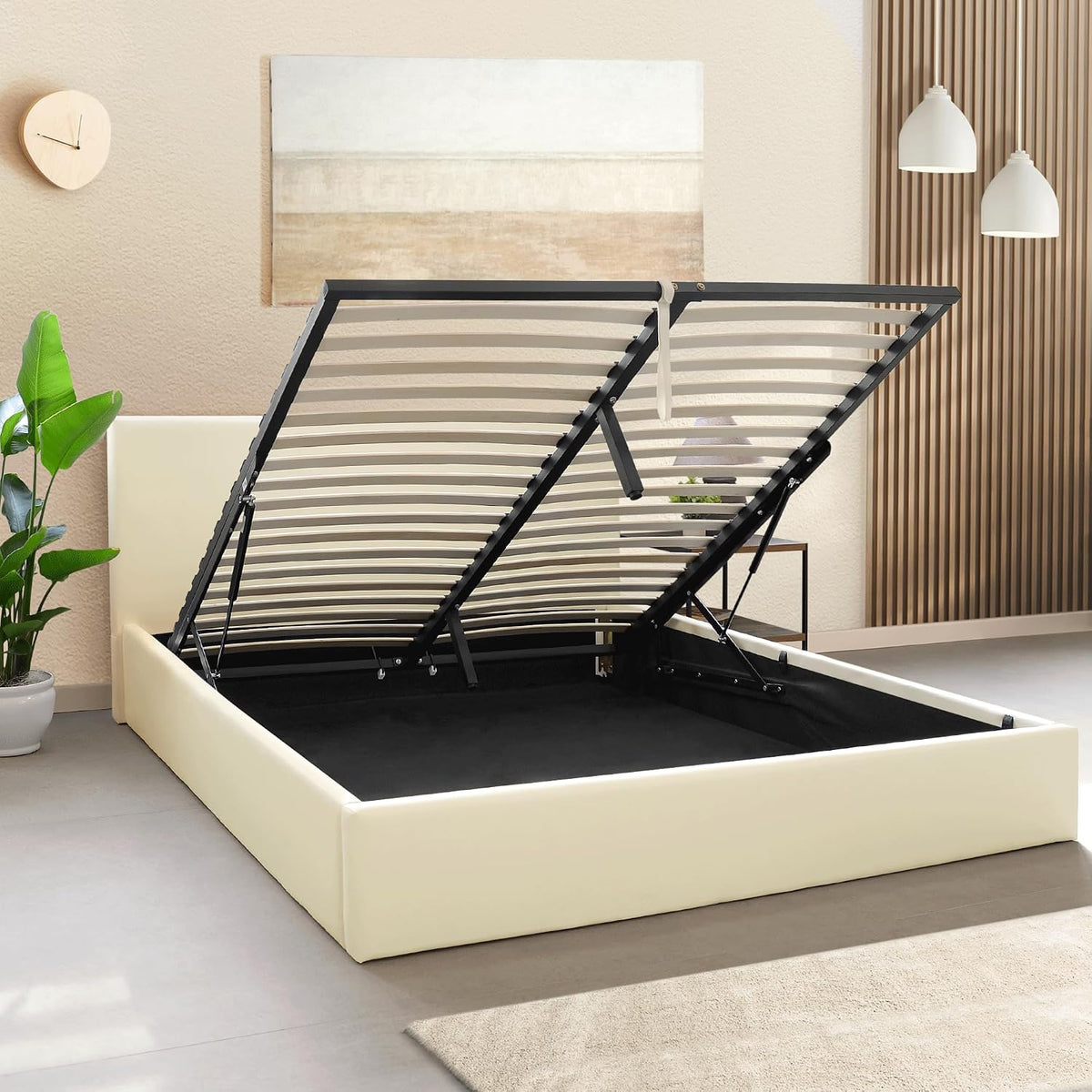 Letto contenitore OnNuvo, matrimoniale, 160 × 190 cm, Beige, con contenitore, imbottito, per camera da letto