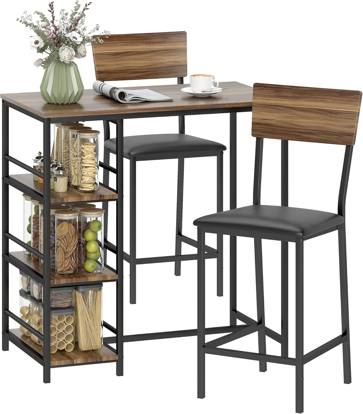 Tavolo da bar HOMCOM, 2 sgabelli, 3 ripiani, 90 × 50 cm, legno, pelle, Noce, per sala da pranzo e cucina