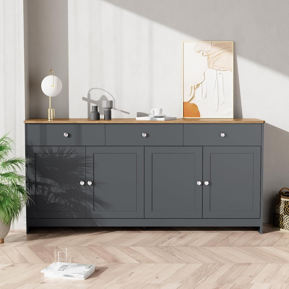 Credenza Moimhear, 160 × 37 × 75 cm, legno, Nero, regolabile, per soggiorno e sala da pranzo