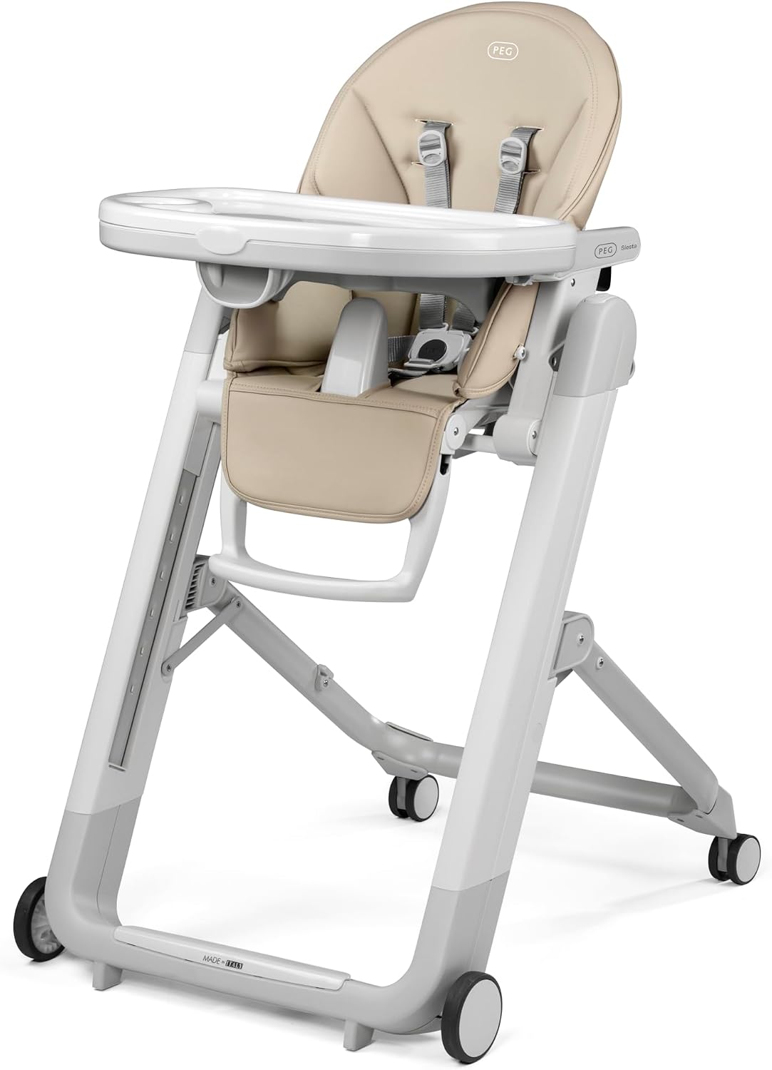 Seggiolone Peg Perego, similpelle, reclinabile, regolabile, pieghevole, con poggiapiedi, imbottito