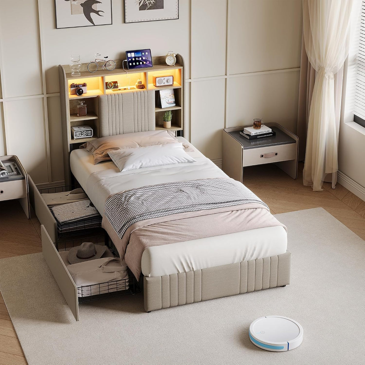 Letto Poeahu, 2 cassetti, singolo, 90 × 200 cm, misura 90 × 200, lino, Beige, con rete a doghe, per camera da letto