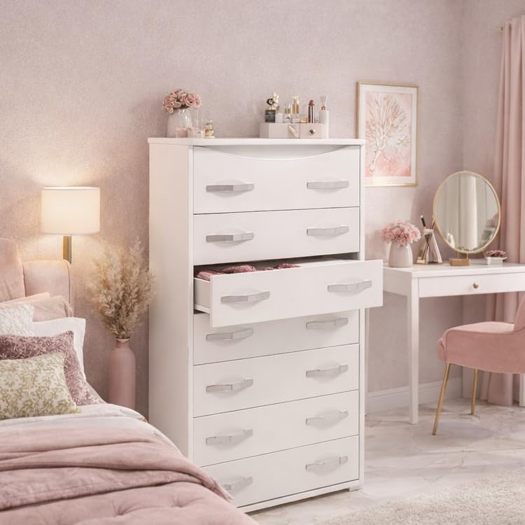 Cassettiera Linea Azzurra, 7 cassetti, 127 × 76 × 41cm, legno, Blu, per camera da letto