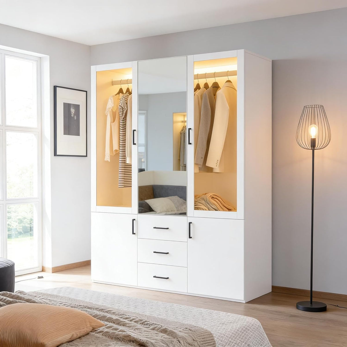 Armadio guardaroba BIYFSDS, 2 ante, 3 cassetti, vetro, Bianco, con illuminazione LED, per camera da letto