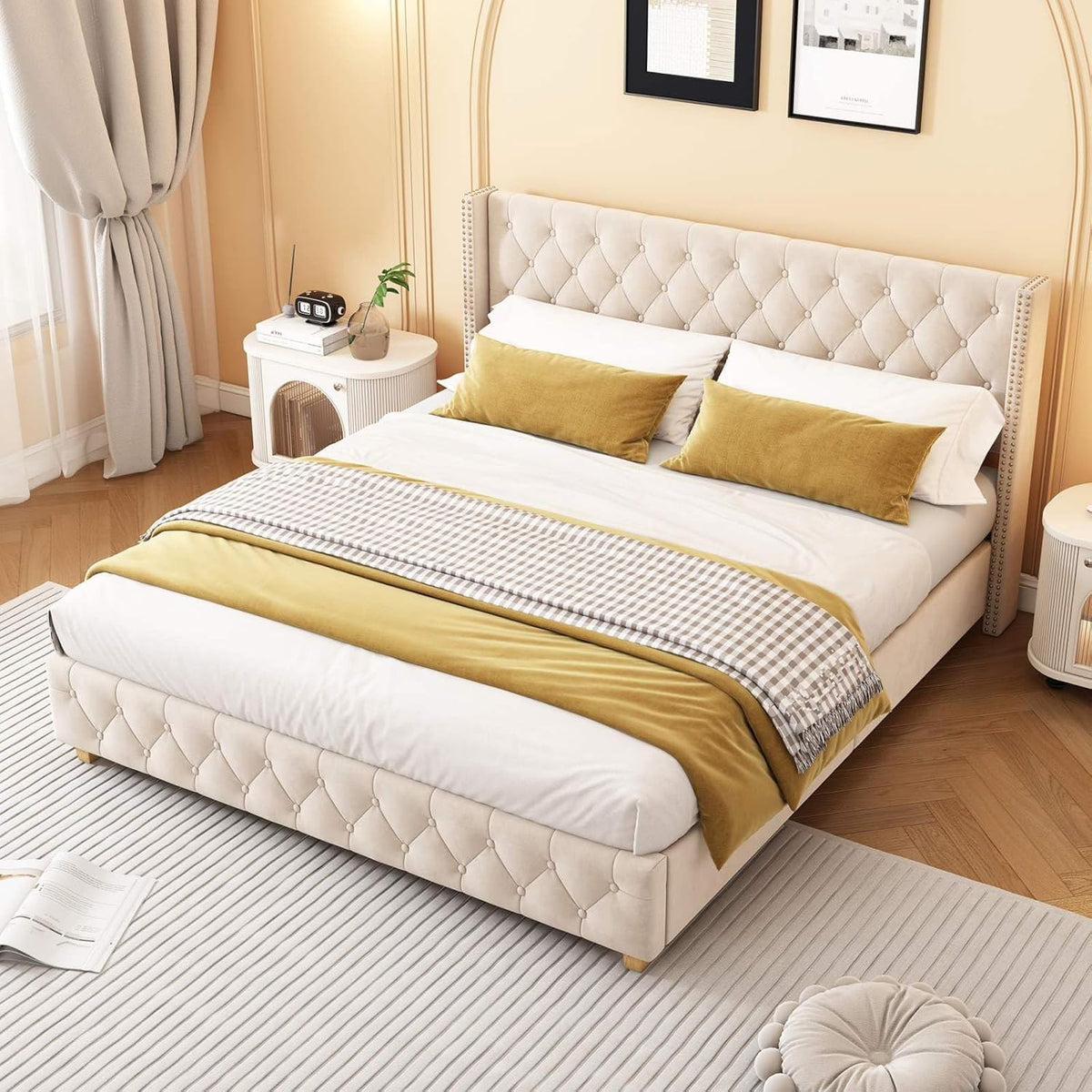 Struttura letto PUGSDRLY, matrimoniale, misura 160 × 200, legno, velluto, con rete a doghe, imbottita, per camera da letto