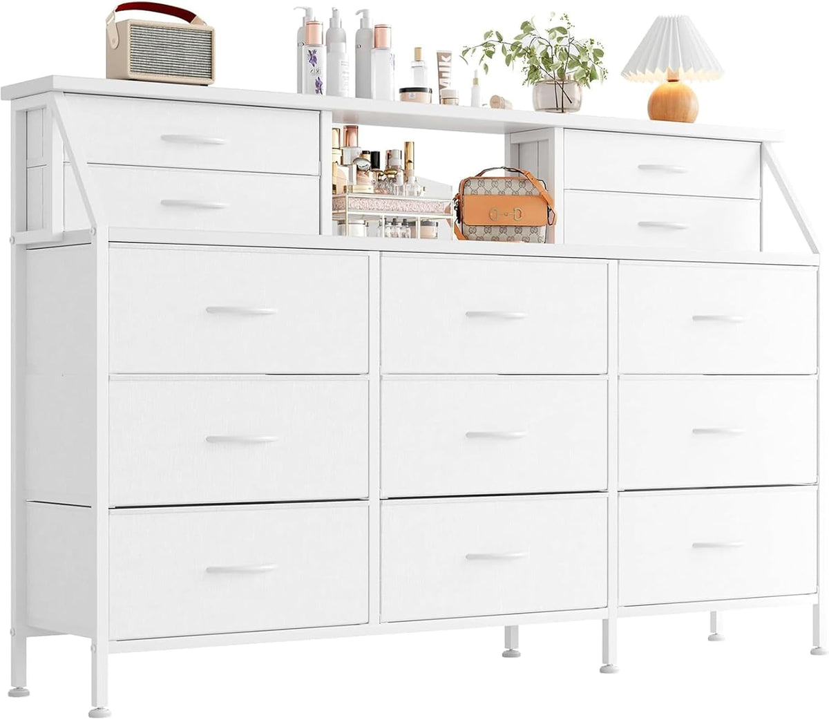Cassettiera MUTUN, 13 cassetti, 2 ripiani, 139,7 × 88,9 × 27,9 cm, legno, tessuto, regolabile, per soggiorno e camera da letto