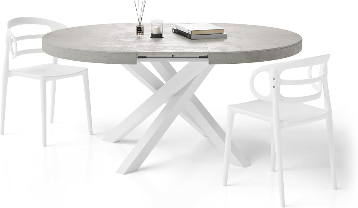 Tavolo allungabile Mobili Fiver, acciaio, Bianco, per sala da pranzo e cucina, 120-160 cm, Grigio Cemento con gambe Incrociate Bianche
