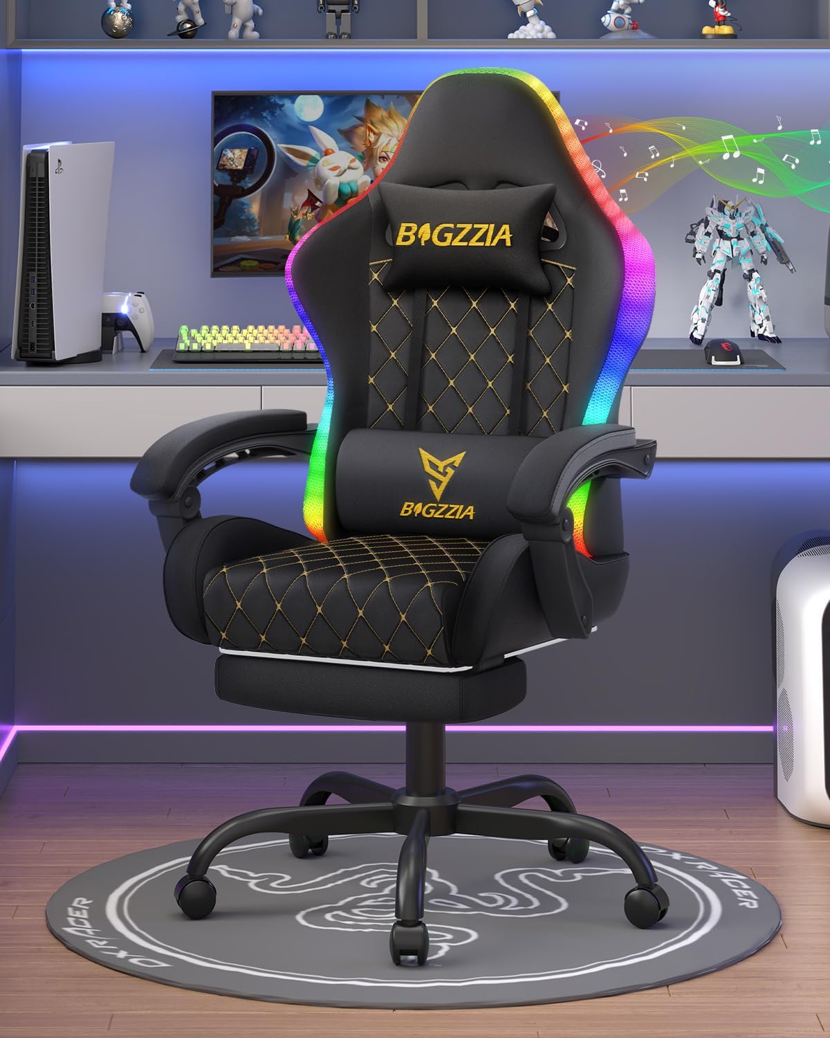 Sedia gaming bigzzia, acciaio, Nero, girevole a 360°, regolabile, con poggiapiedi, per ufficio