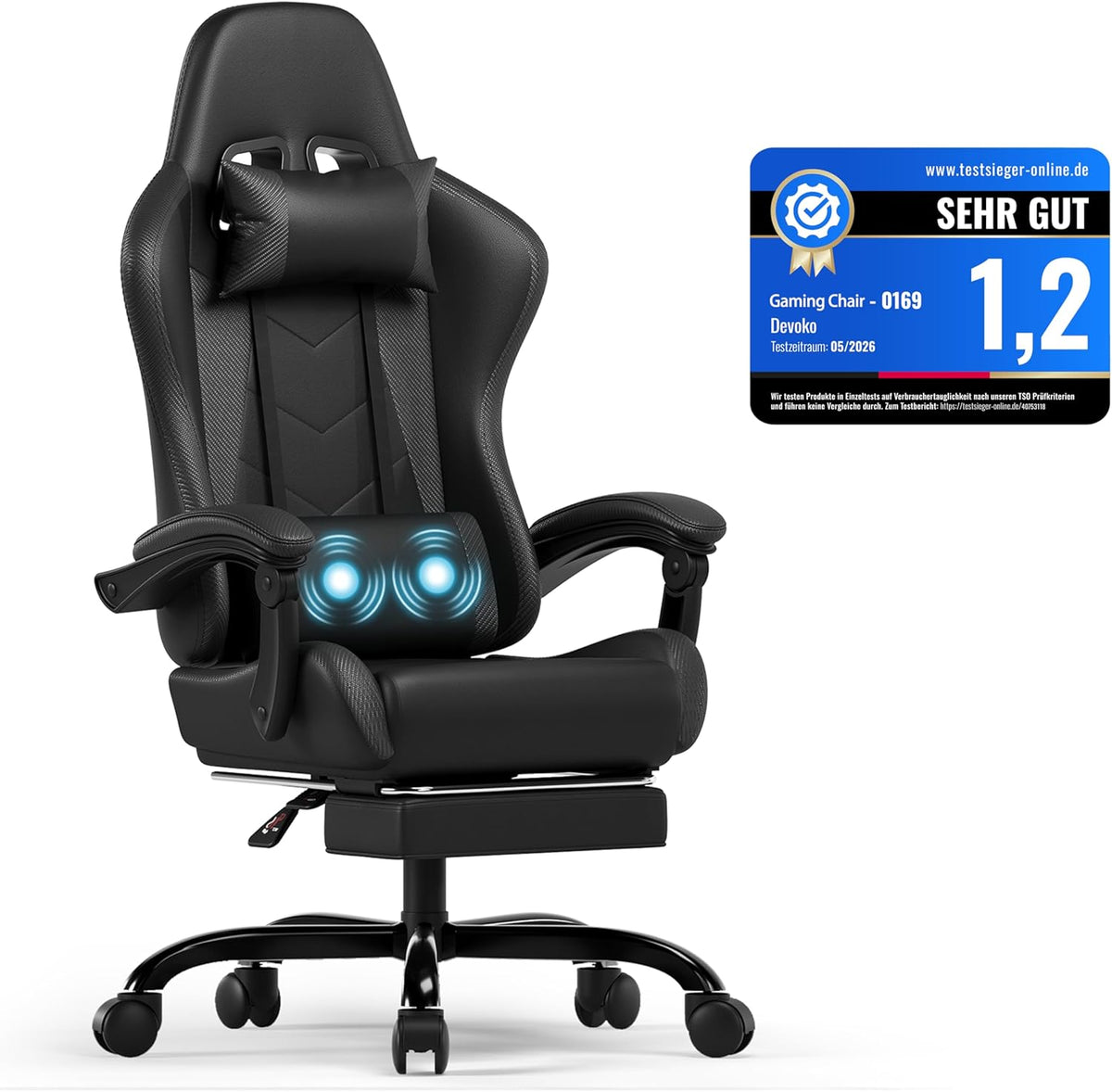 Sedia gaming Devoko, 54 × 48 cm, pelle, Nero, con cuscino, regolabile, con poggiapiedi, con poggiatesta, con braccioli, per ufficio