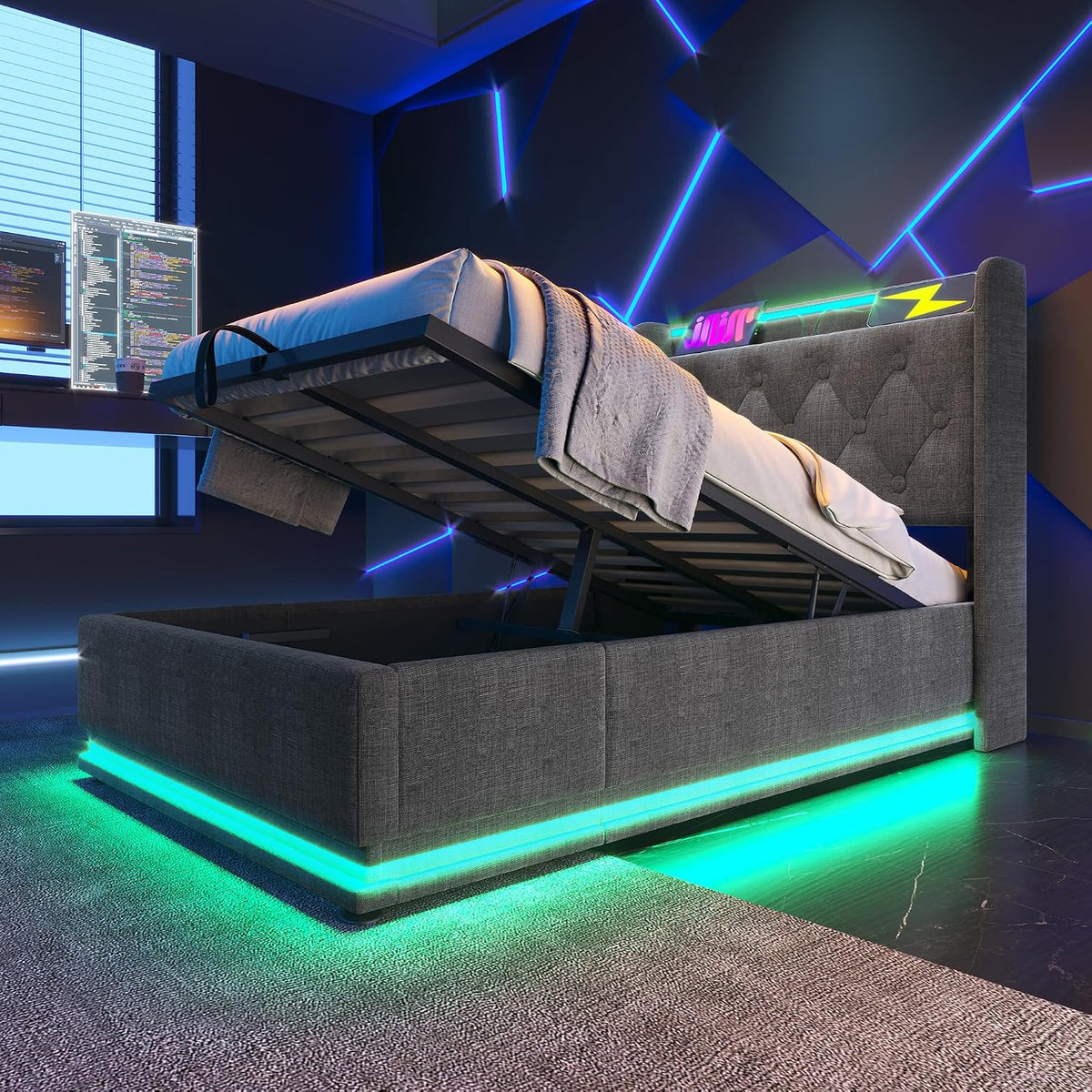 Letto Huayz, singolo, 90 × 200 cm, tessuto, pelle, Grigio, con rete a doghe, con illuminazione LED, con porta USB, imbottito, per camera da letto