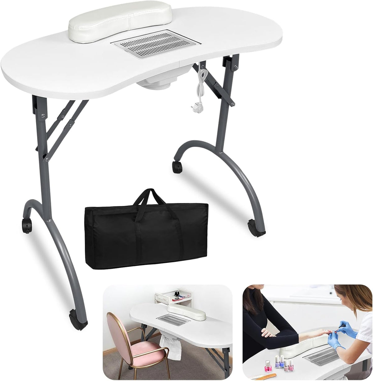 Tavolo pieghevole LZQ, 90 × 37 × 77 cm, Bianco, Tavolo per unghie con aspirazione