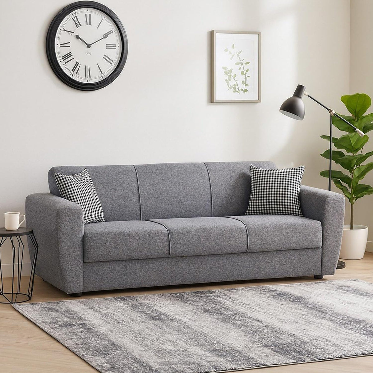 Divano letto Dmora, 3 posti, MDF, tessuto, Grigio, con contenitore, imbottito, per soggiorno