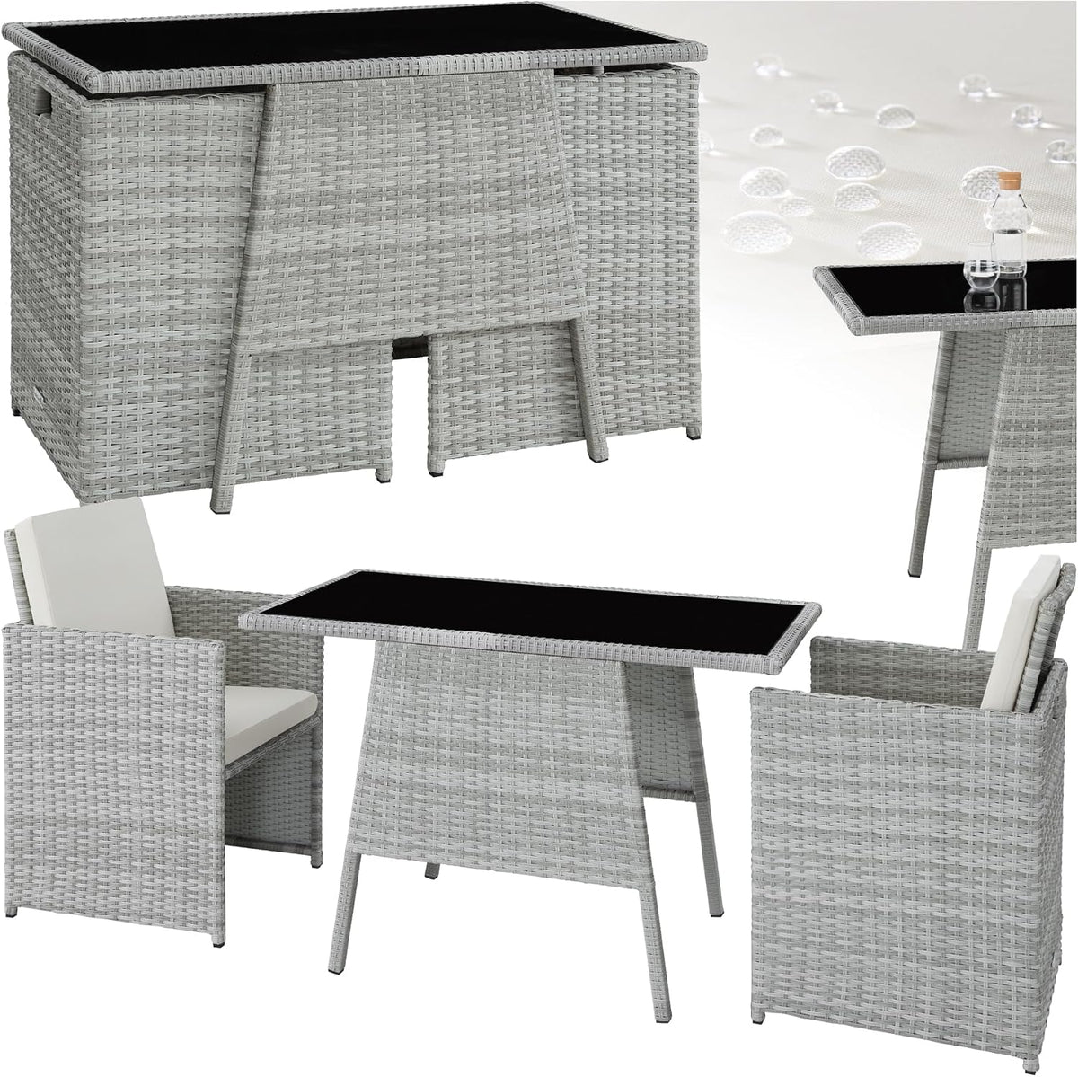 Set da pranzo da giardino tectake, 2 poltrone, acciaio, rattan, Nero e grigio, per giardino e terrazzo