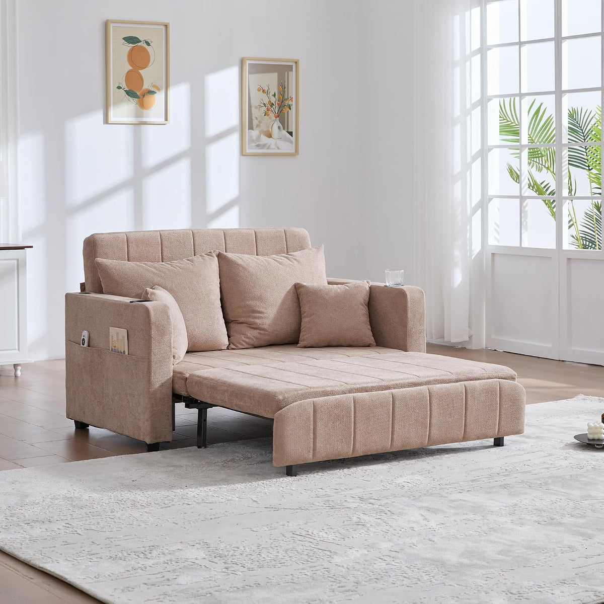 Divano MOBETTRES, 139 × 83 × 58 cm, tessuto, allungabile, pieghevole, con braccioli, con porta USB, imbottito, per soggiorno