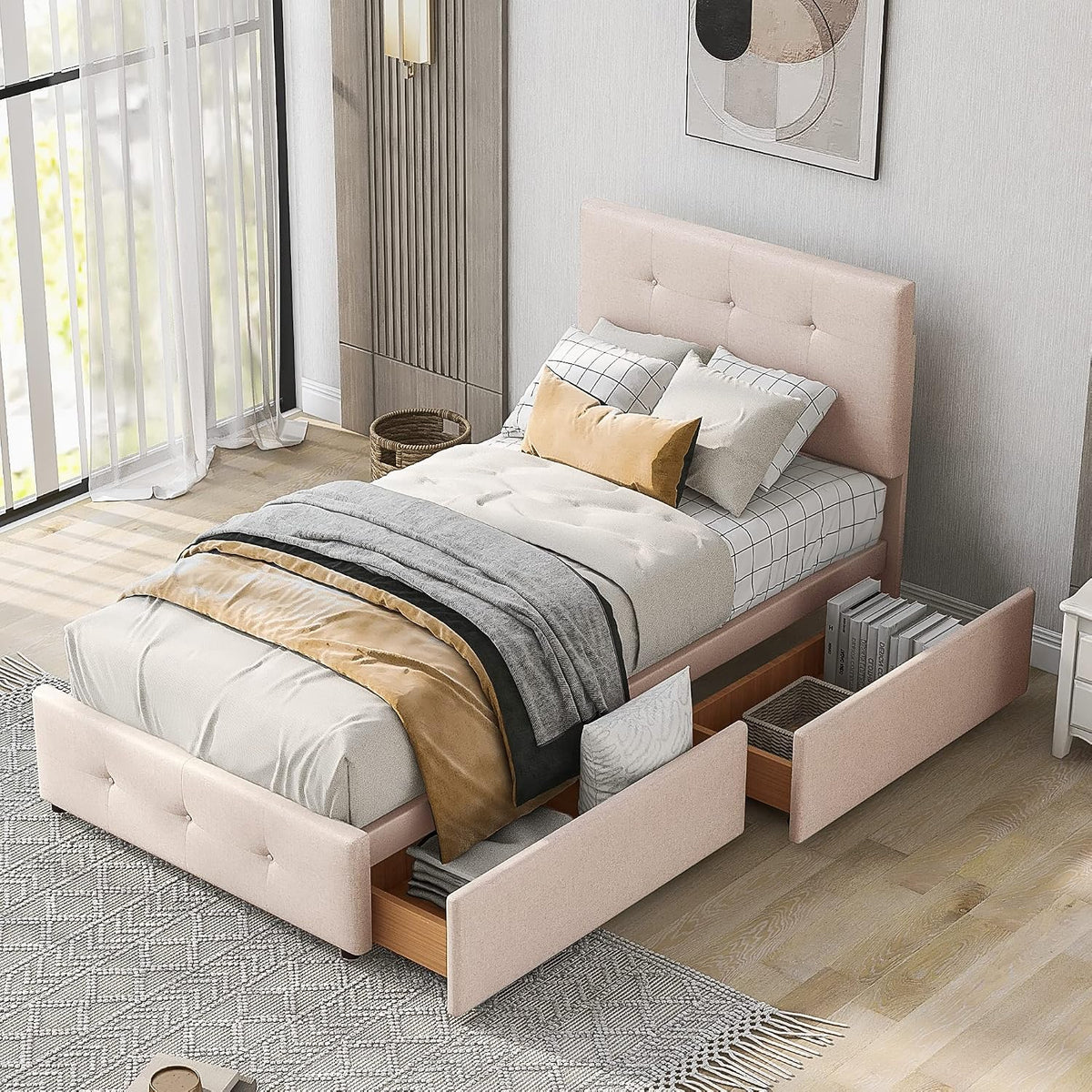 Letto Azkoeesy, 2 cassetti, singolo, 90 × 200 cm, legno, velluto, Beige, con ruote, con rete a doghe, imbottito, per camera da letto