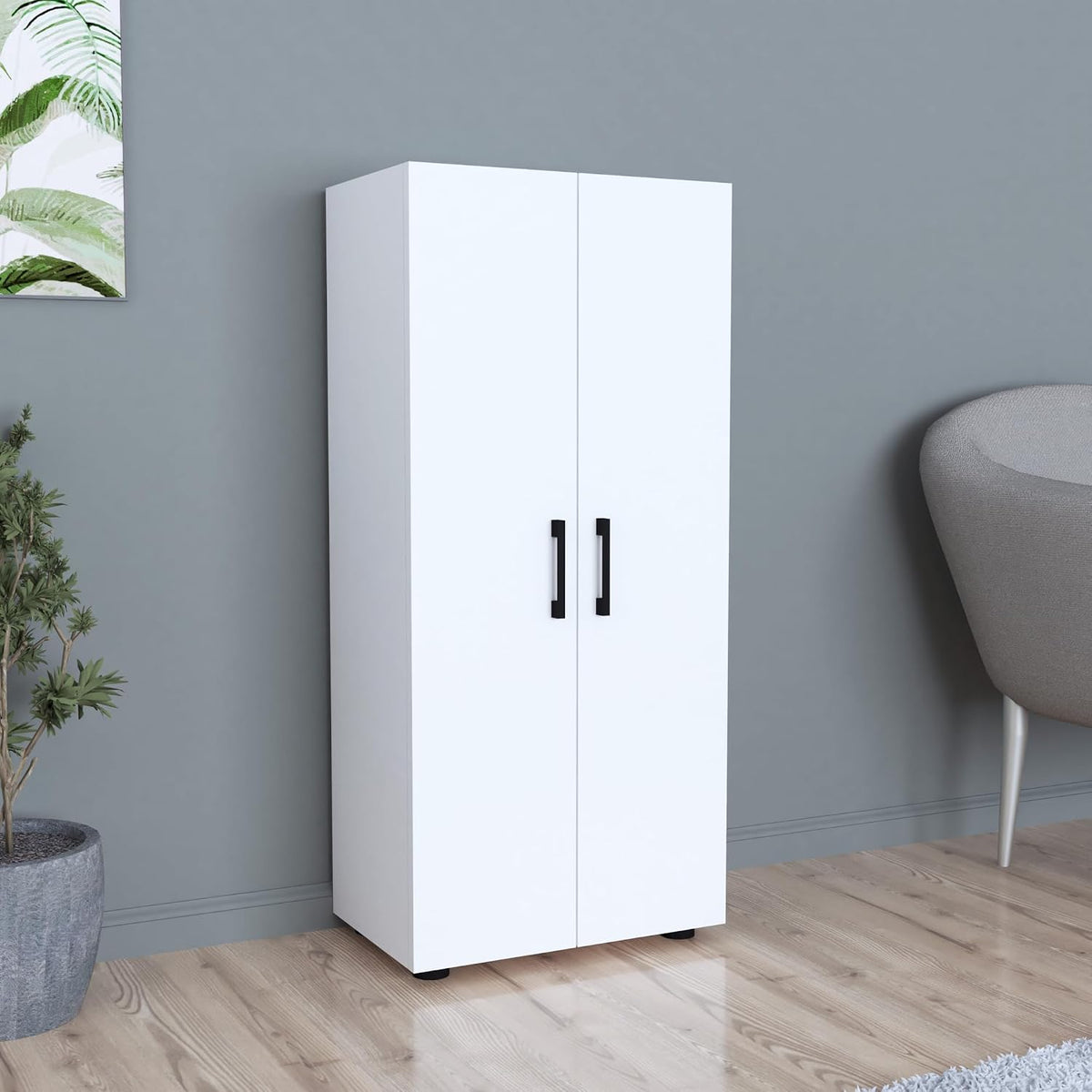 Armadio guardaroba en.casa, 2 ante, 4 ripiani, 108 × 49 × 32 cm, Bianco, per camera da letto