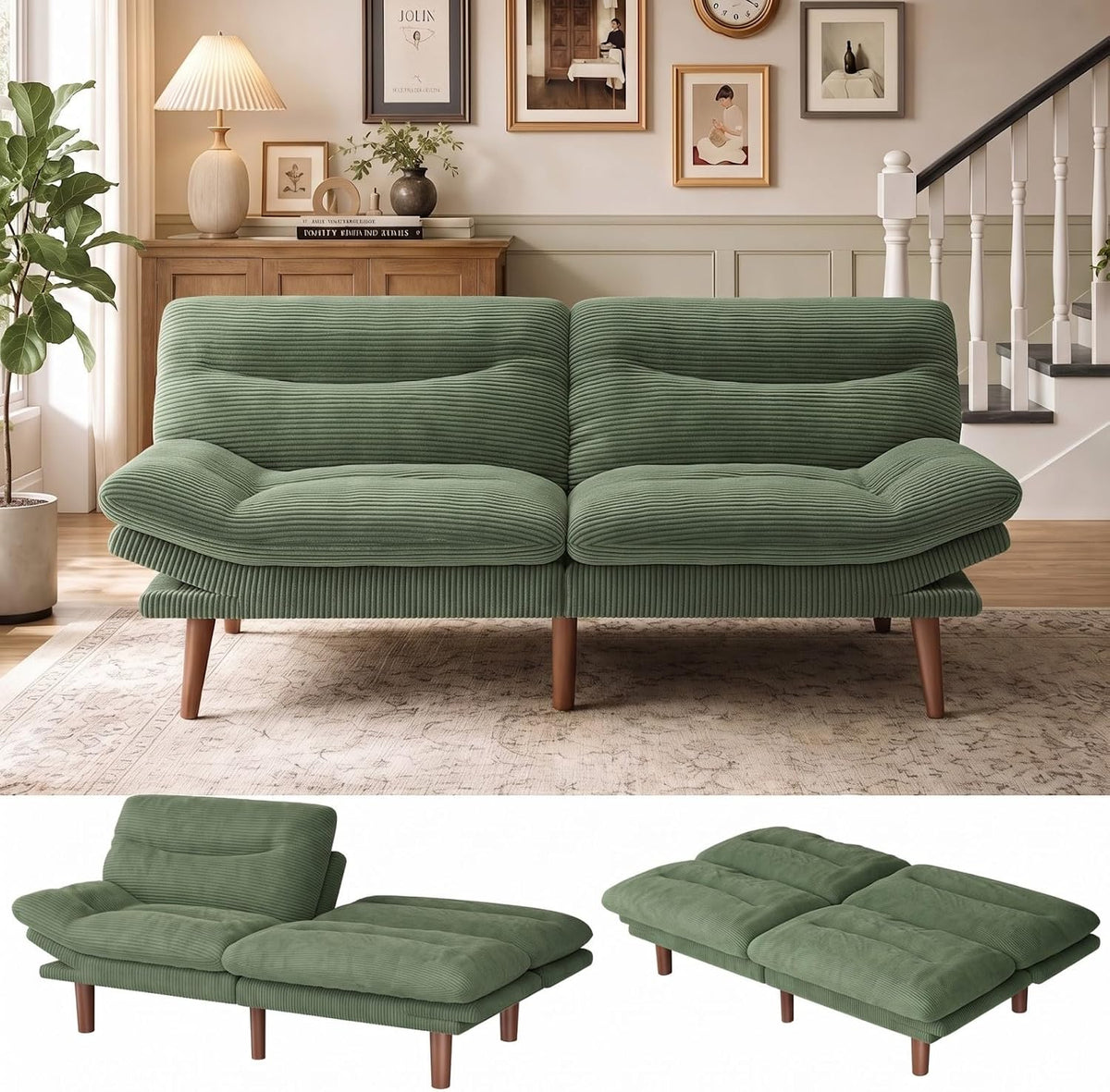 Divano letto Marsail, 66,02 × 32,3 × 30,7 pollici, larghezza 66,02 pollici, legno massello, tessuto, Verde, trasformabile, con funzione letto
