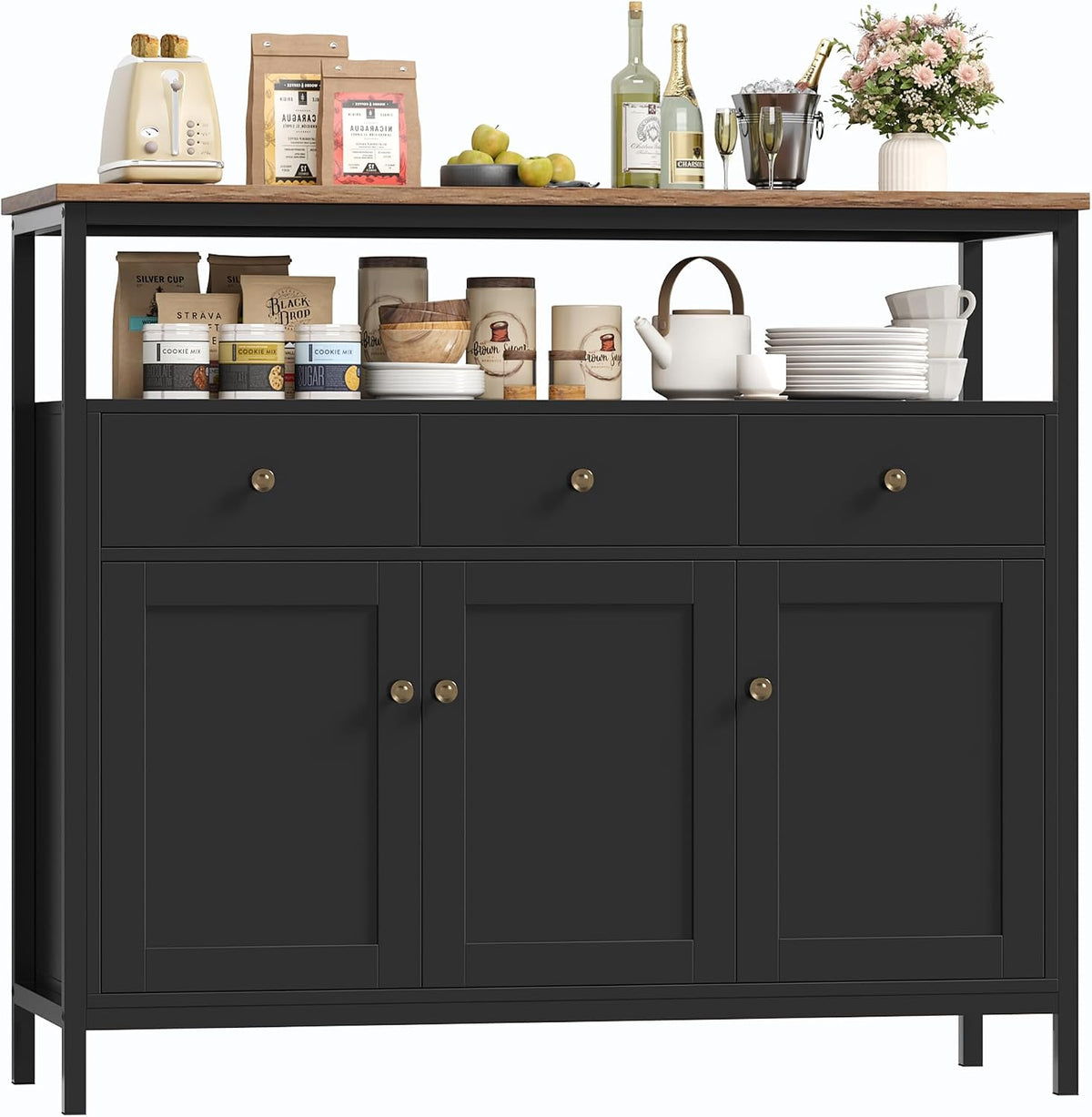 Credenza FirFurd, 3 ante, 3 cassetti, 108 × 38 × 98,5 cm, Nero, regolabile, per soggiorno e sala da pranzo