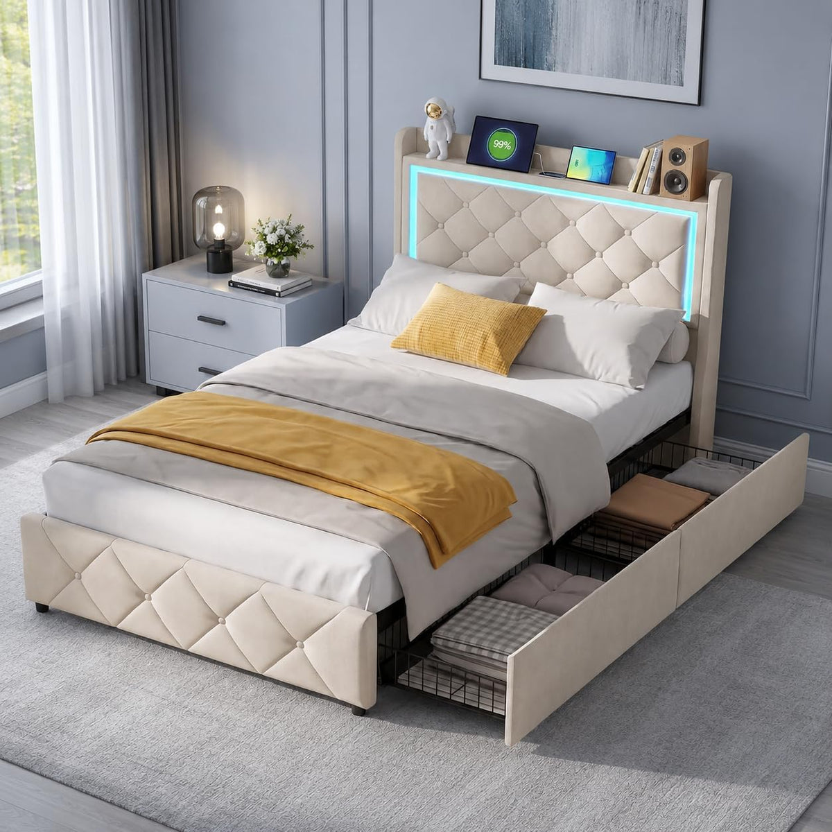 Letto contenitore BSMGSGN, 2 cassetti, singolo, 90 × 200 cm, velluto, Beige, con contenitore, regolabile, con ruote, con rete a doghe