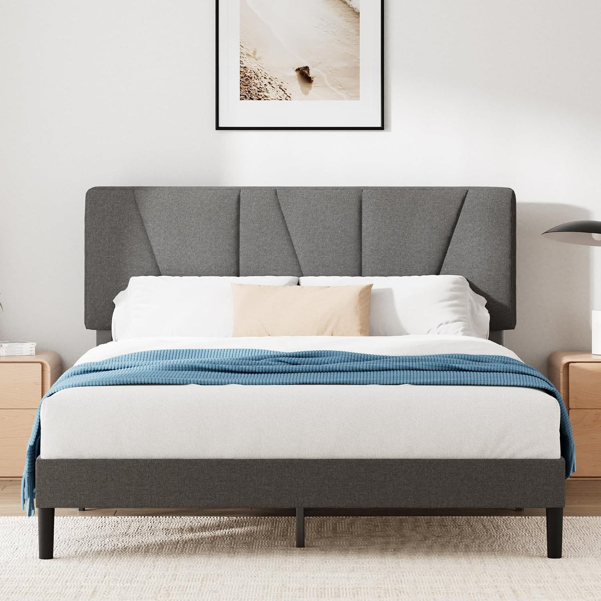 Struttura letto Zinus, matrimoniale, 160 × 190 cm, legno, Grigio scuro, con rete a doghe, imbottita, per camera da letto