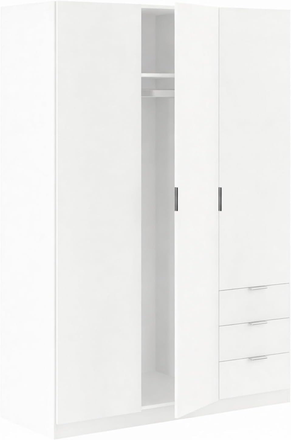 Armadio guardaroba Bricozone, 3 ante, 3 cassetti, 4 ripiani, 200 × 135 × 52 cm, Bianco, regolabile, per camera da letto