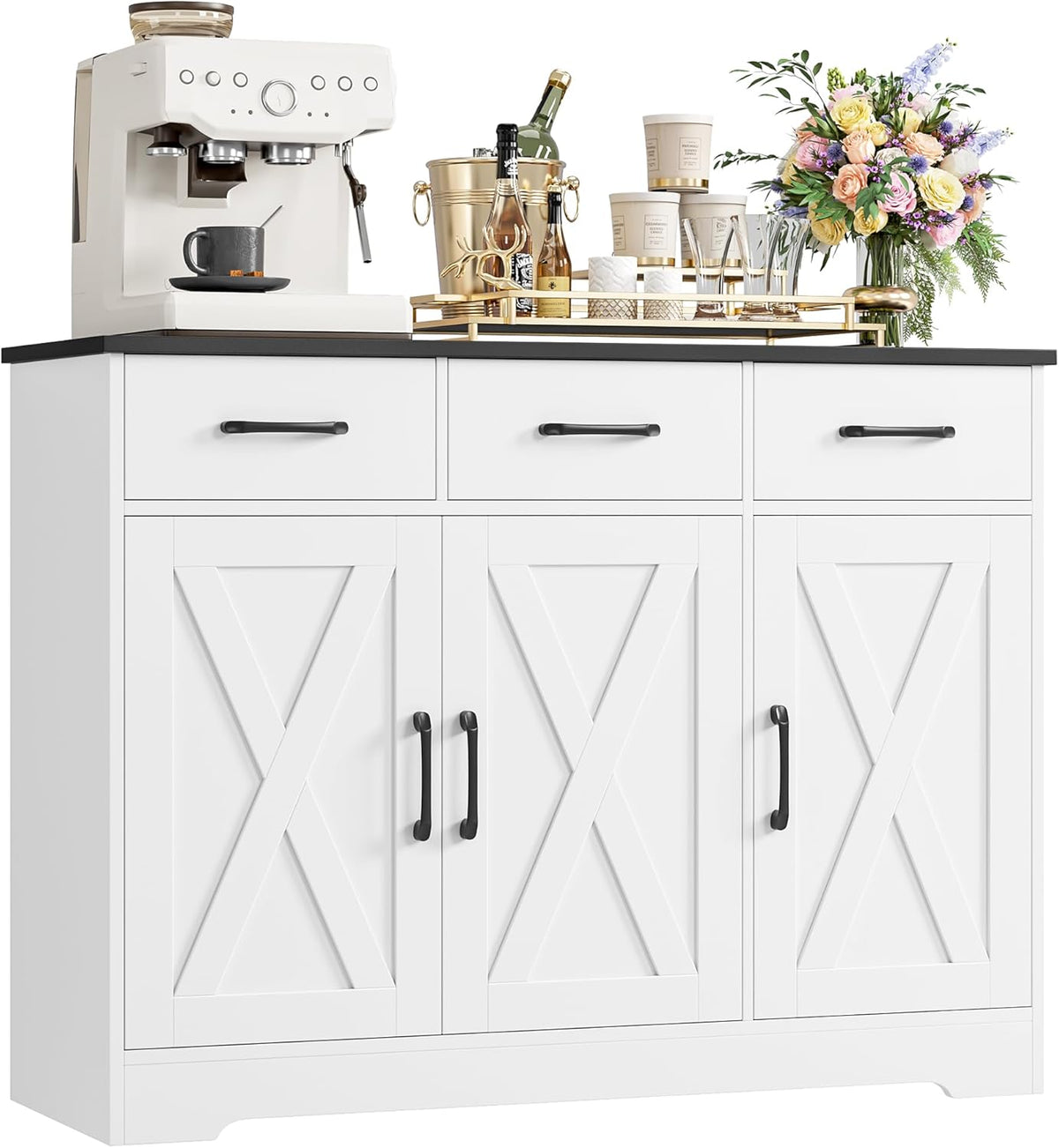 Credenza HOCSOK, 3 cassetti, 38,5 × 108 × 81 cm, legno, Bianco, regolabile, per soggiorno e sala da pranzo