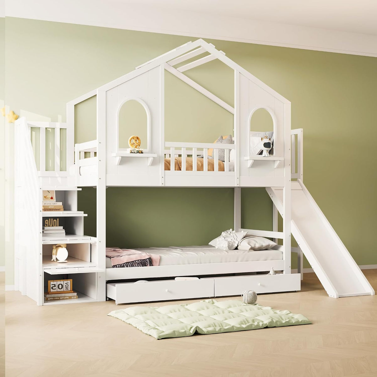 Letto a castello Idemon, matrimoniale, 90 × 200 cm, MDF, Bianco, per camera da letto