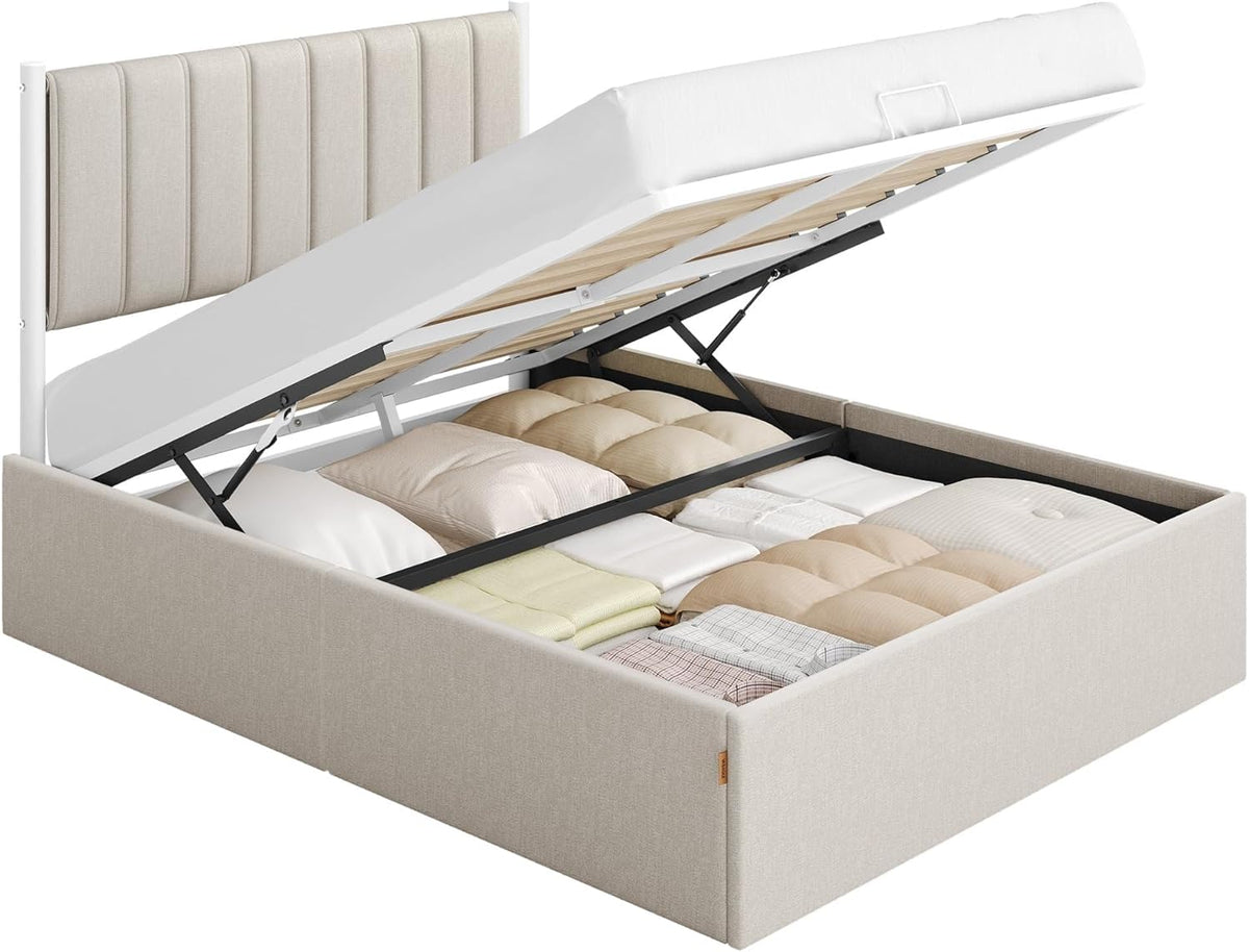 Struttura letto VASAGLE RMB614LH01, 140 × 200 cm, metallo, lino, Beige, con rete a doghe, per camera da letto