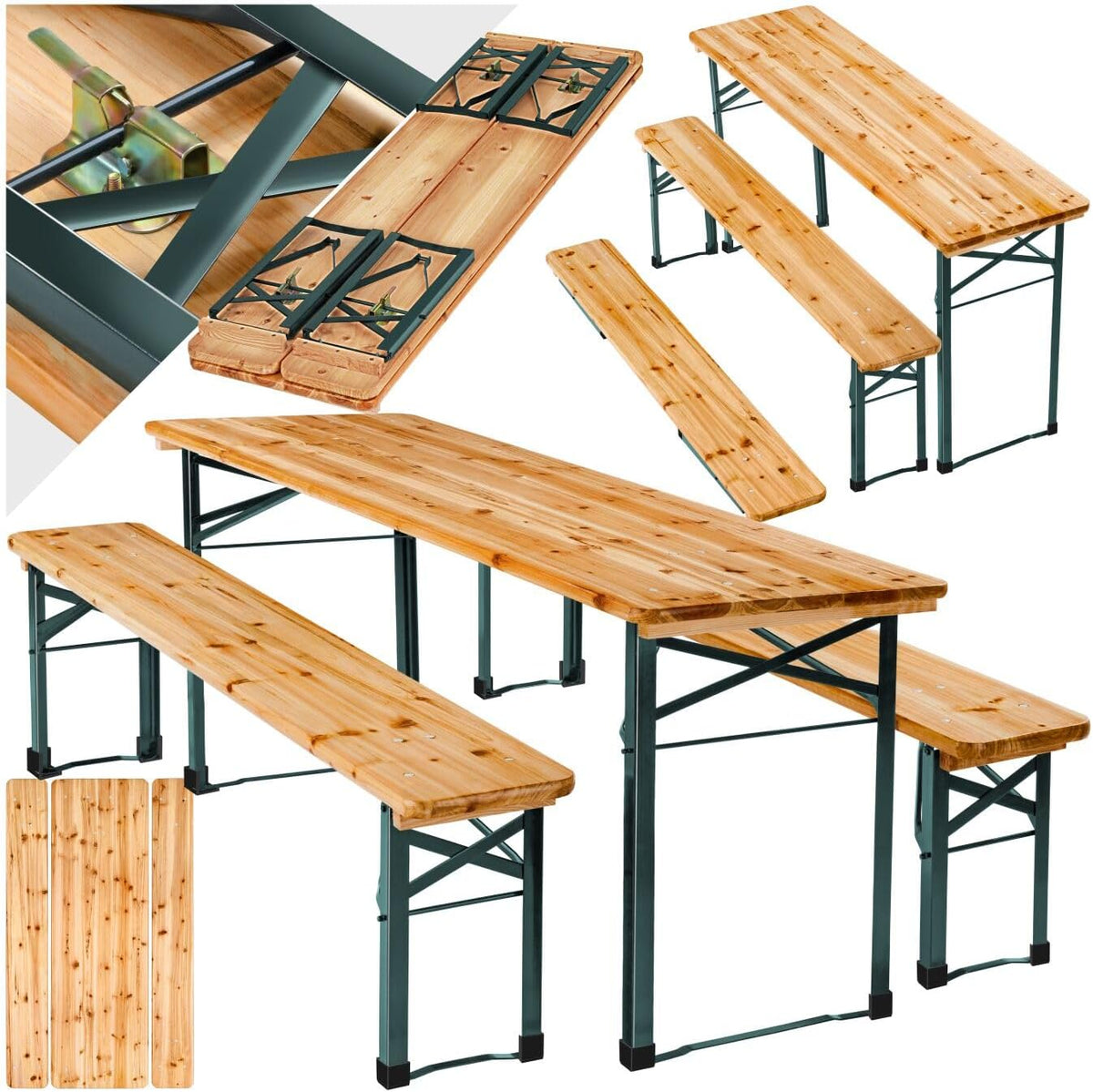 Set tavolo e panche tectake, set 3 pezzi, 170 × 46 × 77 cm, acciaio, pieghevole, per giardino e terrazzo
