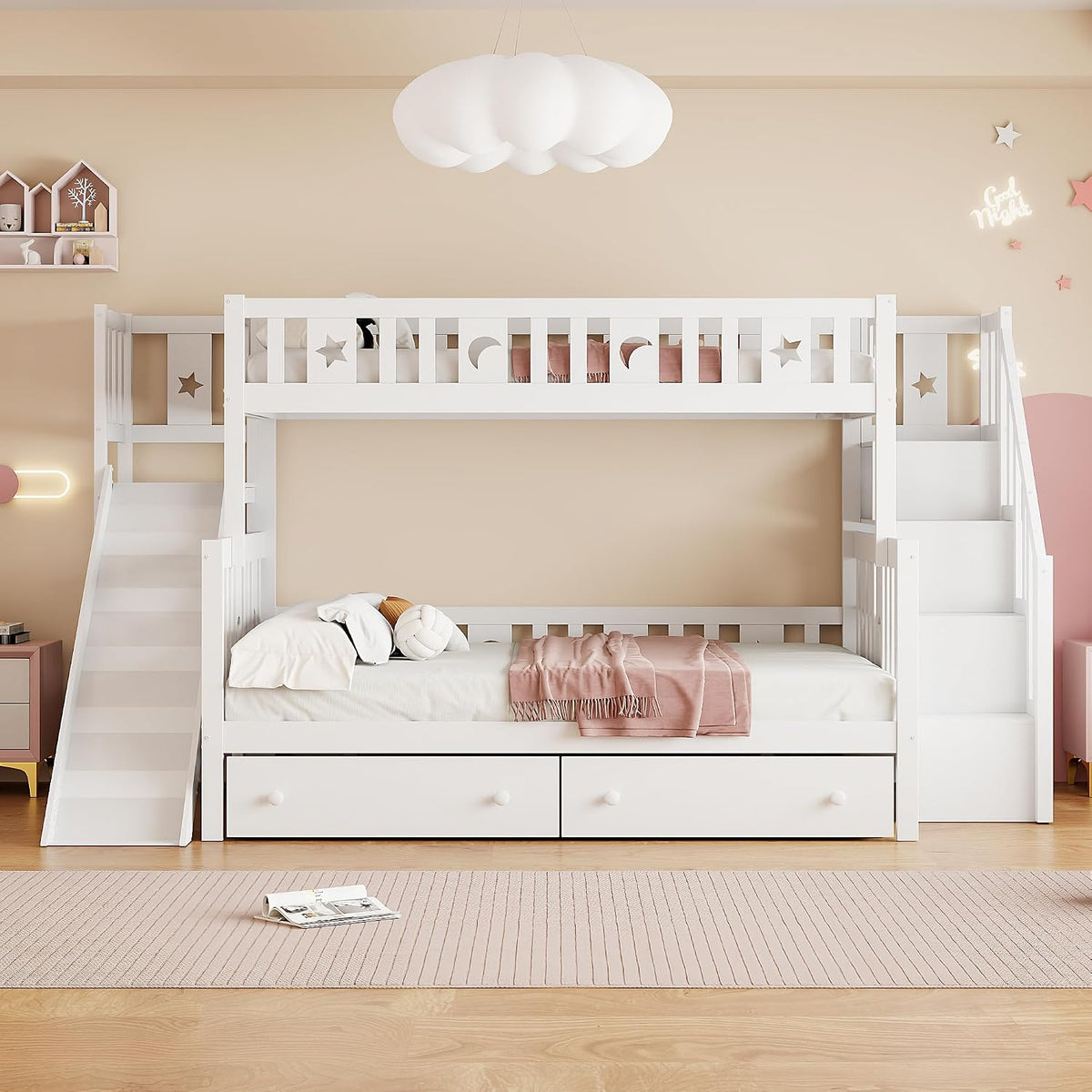 Letto a castello Idemon, 140 × 200 cm, misura 90 × 200, legno massello, Bianco, con rete a doghe, per camera da letto