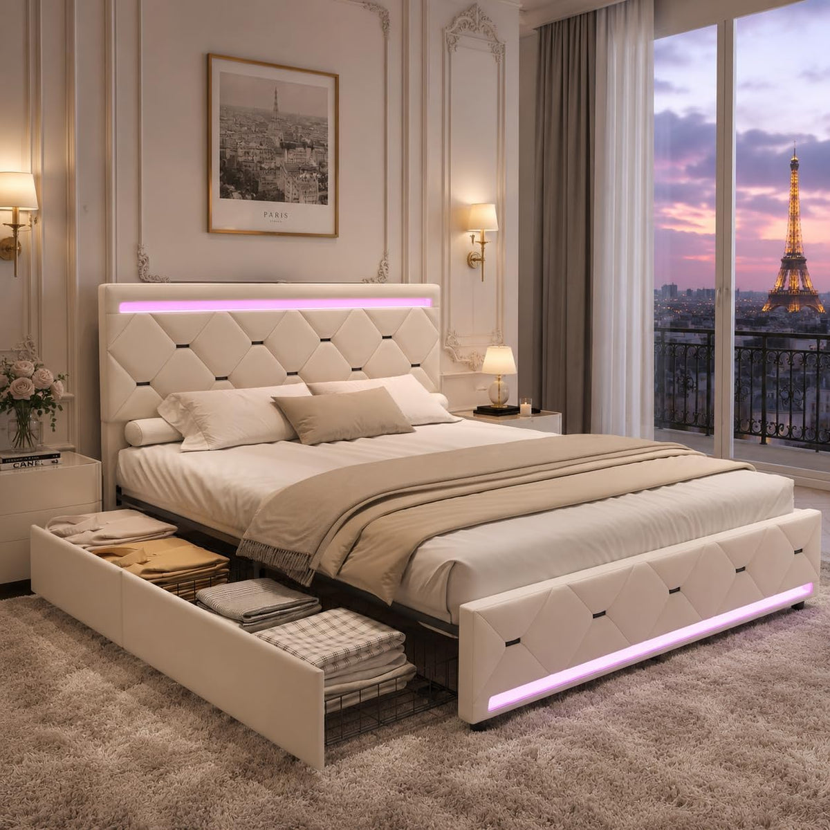 Letto QLTXYHML, 4 cassetti, matrimoniale, 140 × 190 cm, velluto, Bianco, con rete a doghe, con porta USB, imbottito, per camera da letto