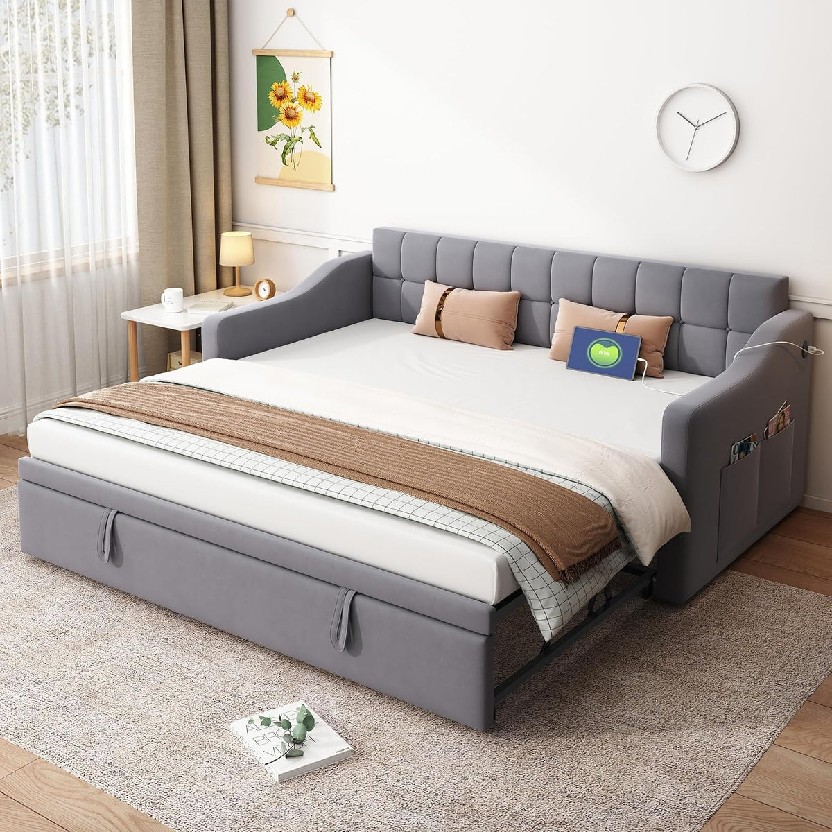 Divano letto Trdlpyn, 180 × 190 cm, velluto, tessuto, Grigio, con braccioli, con rete a doghe, con porta USB, imbottito, per soggiorno