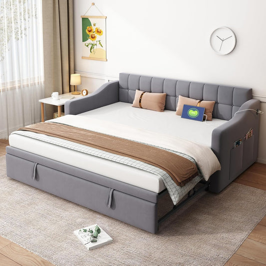 Divano letto Trdlpyn, 180 × 190 cm, velluto, tessuto, Grigio, con braccioli, con rete a doghe, con porta USB, imbottito, per soggiorno