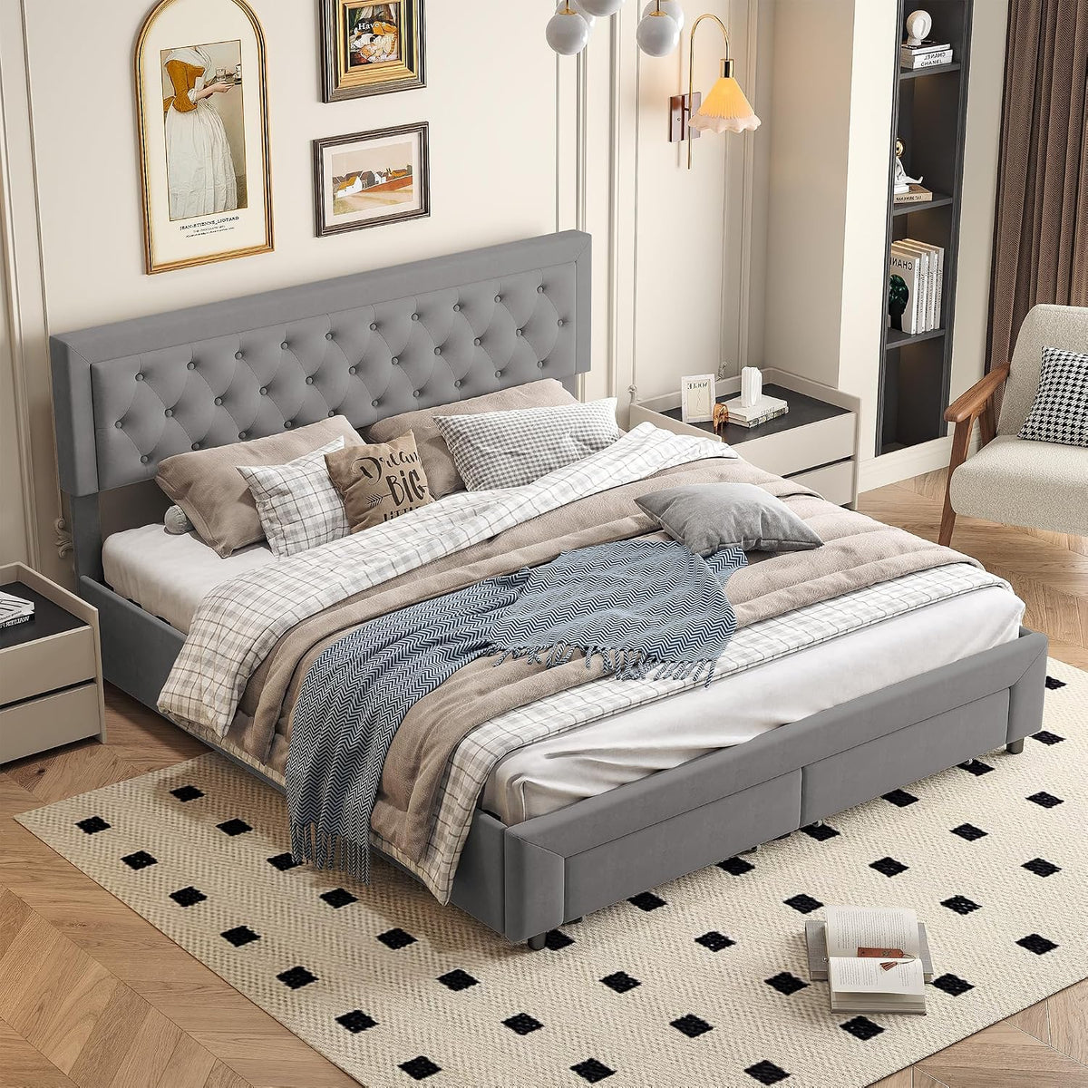 Letto JiaOyu, matrimoniale, 160 × 200 cm, velluto, Grigio, con rete a doghe, imbottito, per camera da letto