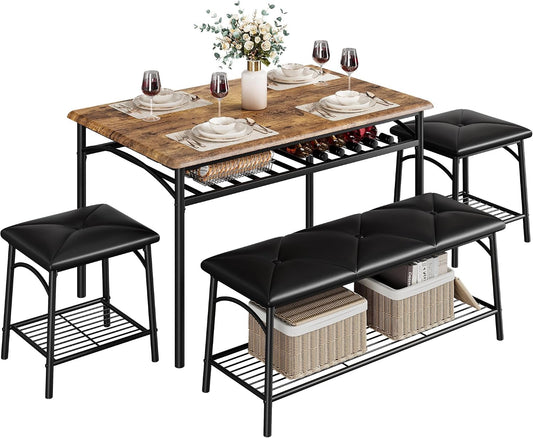 Set da pranzo Garvee, 4 posti, 2 sedie, 110 × 70 × 74 cm, 90 × 35 × 47,5 cm, legno, metallo, per sala da pranzo e cucina