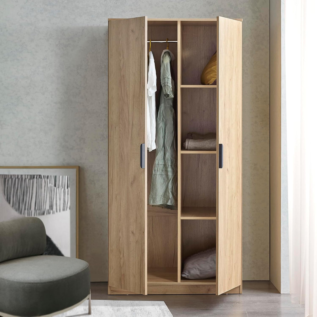 Armadio guardaroba en.casa, 4 scomparti, 176 × 80 × 52 cm, MDF, Rovere, per camera da letto