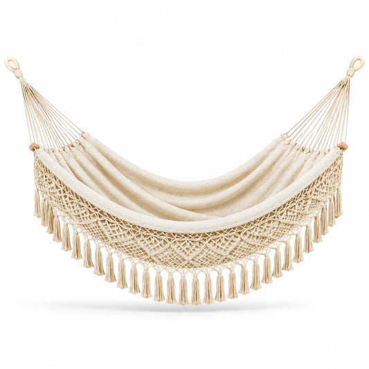 Amaca in Cotone Beige con Frange Intrecciate