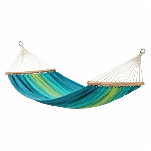 Amaca in Cotone Blu e Verde con Barre in Legno 200x150 cm